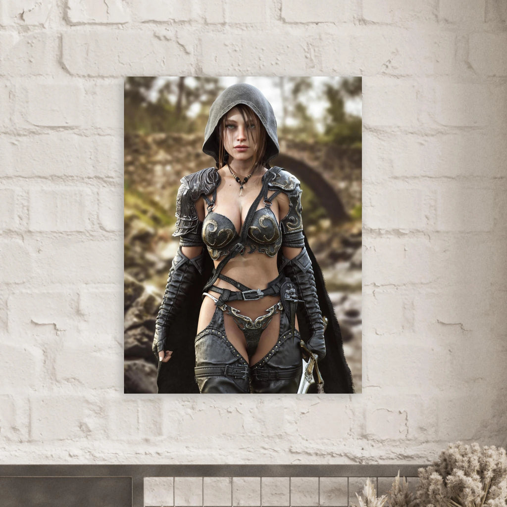 A handcrafted fantasy illustration featuring a determined female ranger walking through a rocky forest stream beneath a weathered stone bridge. She wears a hooded black cloak over intricately engraved silver armor with medieval-inspired detailing and carries an elegant sword at her side. Soft natural light illuminates her realistic facial features while the woodland landscape and flowing stream create an immersive atmosphere of exploration and adventure. Inspired by classic fantasy novels, tabletop role-pla