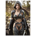 A handcrafted fantasy illustration featuring a determined female ranger walking through a rocky forest stream beneath a weathered stone bridge. She wears a hooded black cloak over intricately engraved silver armor with medieval-inspired detailing and carries an elegant sword at her side. Soft natural light illuminates her realistic facial features while the woodland landscape and flowing stream create an immersive atmosphere of exploration and adventure. Inspired by classic fantasy novels, tabletop role-pla