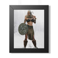 Fantasy Viking shield maiden with white hair, tribal war paint, ornate shield, and battle axe standing in a snowy wilderness amid falling snow.