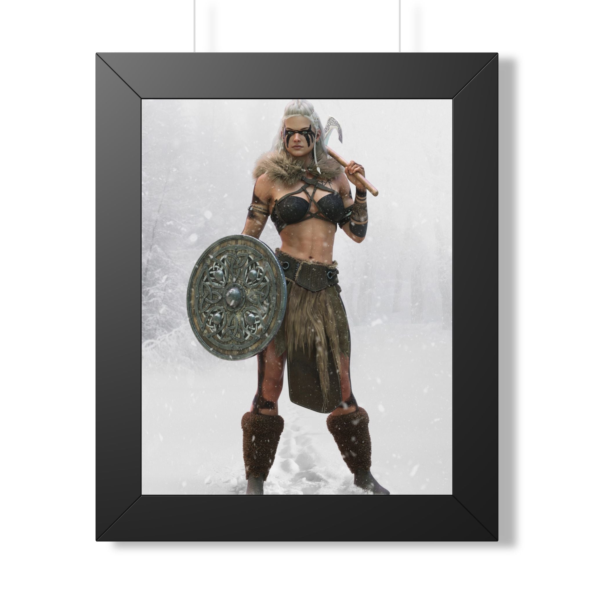 Fantasy Viking shield maiden with white hair, tribal war paint, ornate shield, and battle axe standing in a snowy wilderness amid falling snow.