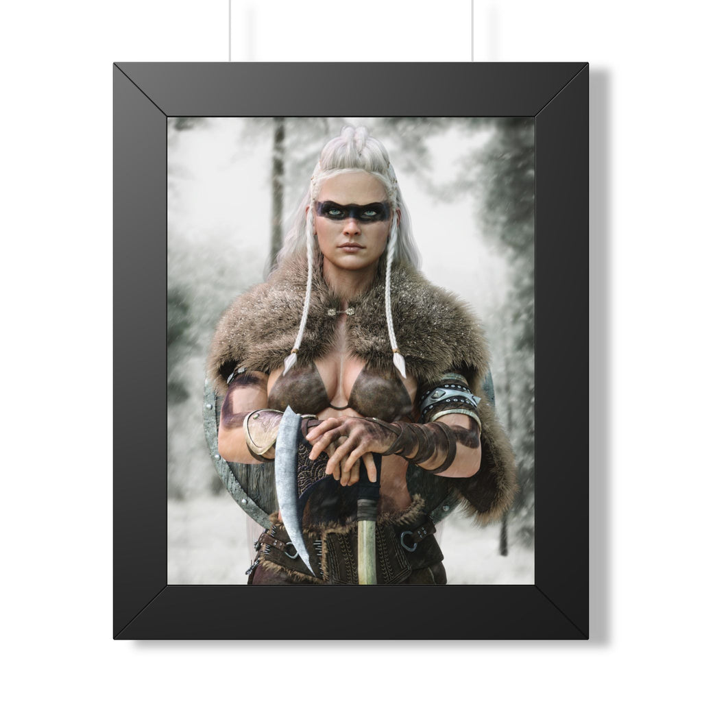 Fantasy Viking wall art featuring a fierce female shieldmaiden with white braided hair, black war paint, fur cloak, axe, and shield in a snowy forest.