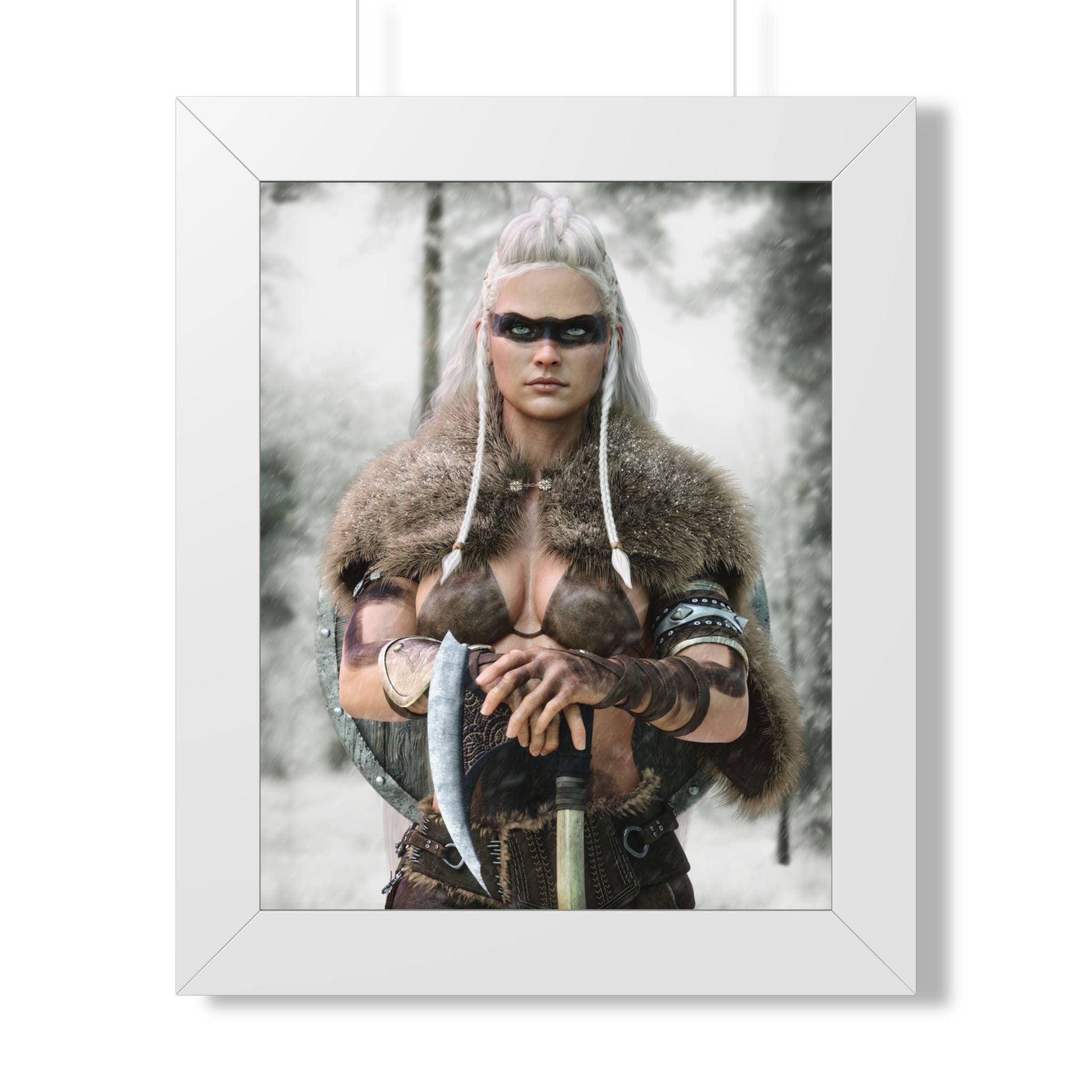 Fantasy Viking wall art featuring a fierce female shieldmaiden with white braided hair, black war paint, fur cloak, axe, and shield in a snowy forest.