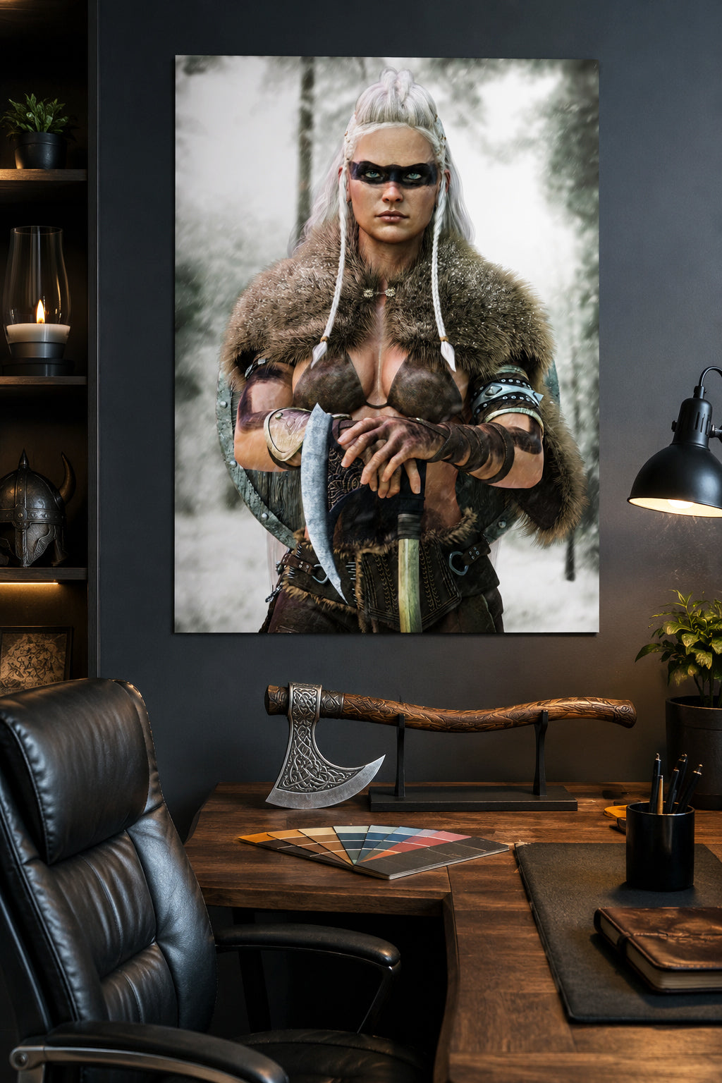 Fantasy Viking wall art featuring a fierce female shieldmaiden with white braided hair, black war paint, fur cloak, axe, and shield in a snowy forest.