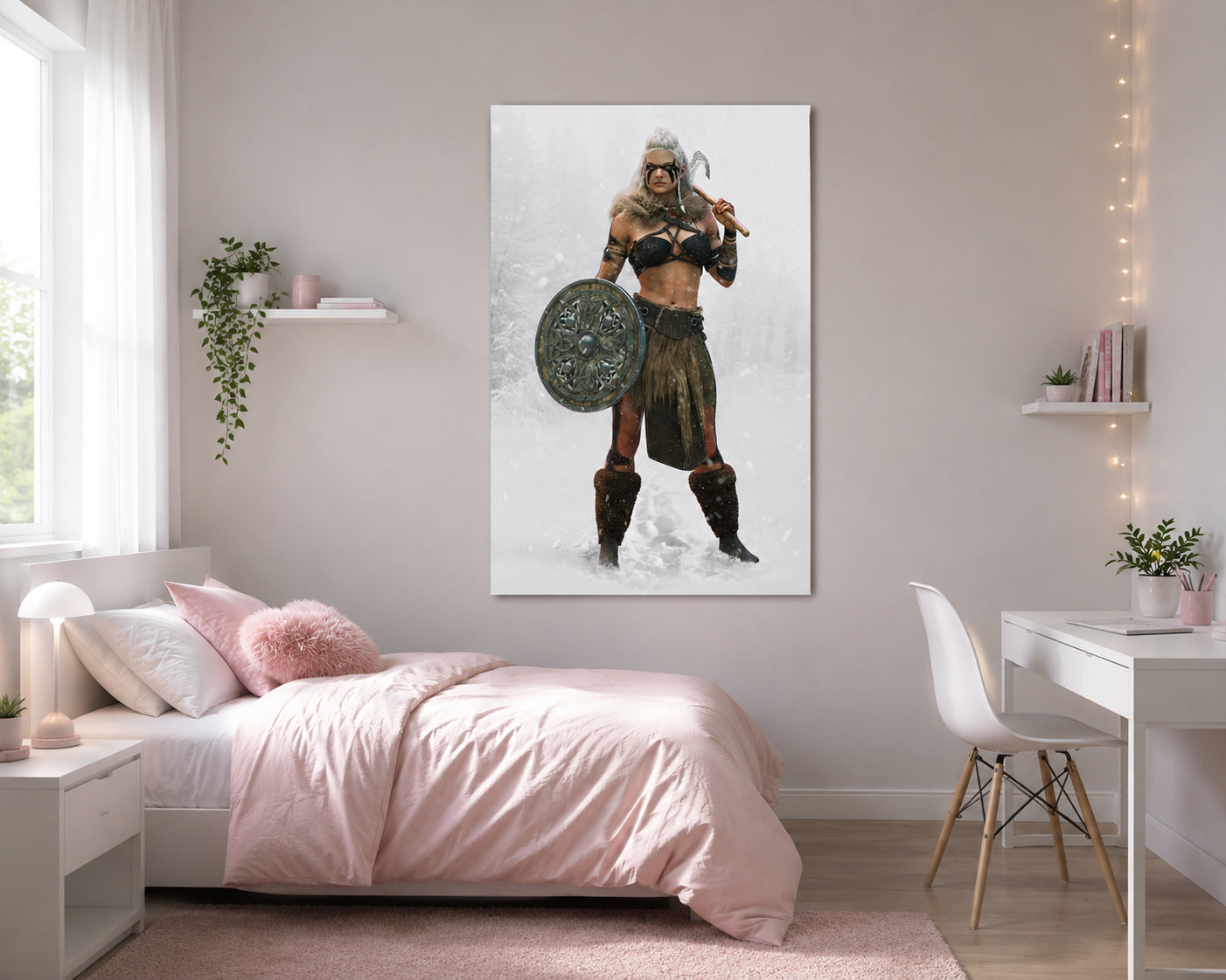 Fantasy Viking shield maiden with white hair, tribal war paint, ornate shield, and battle axe standing in a snowy wilderness amid falling snow.