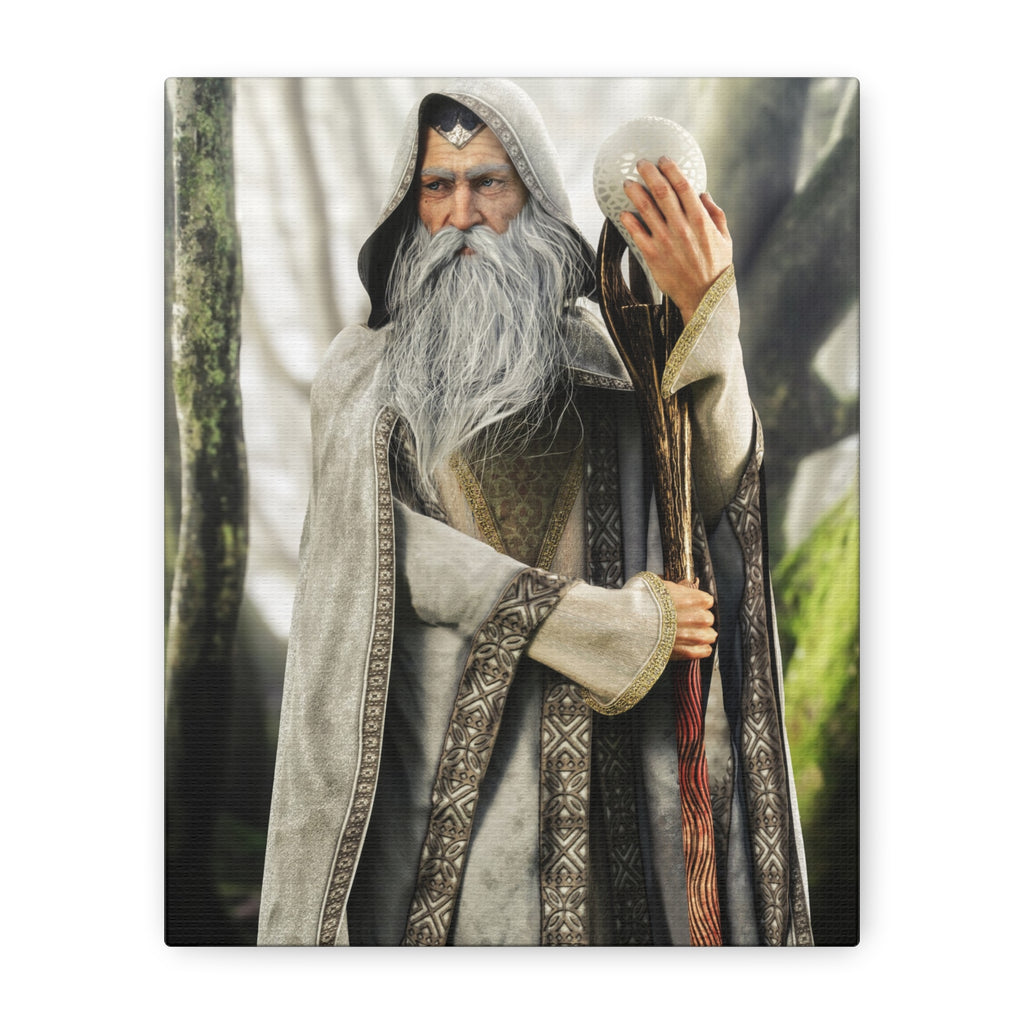 Wise white wizard wall art featuring an ancient mage in ornate robes holding a crystal staff, bringing timeless fantasy, magic, and wonder to any space.