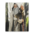 Wise white wizard wall art featuring an ancient mage in ornate robes holding a crystal staff, bringing timeless fantasy, magic, and wonder to any space.