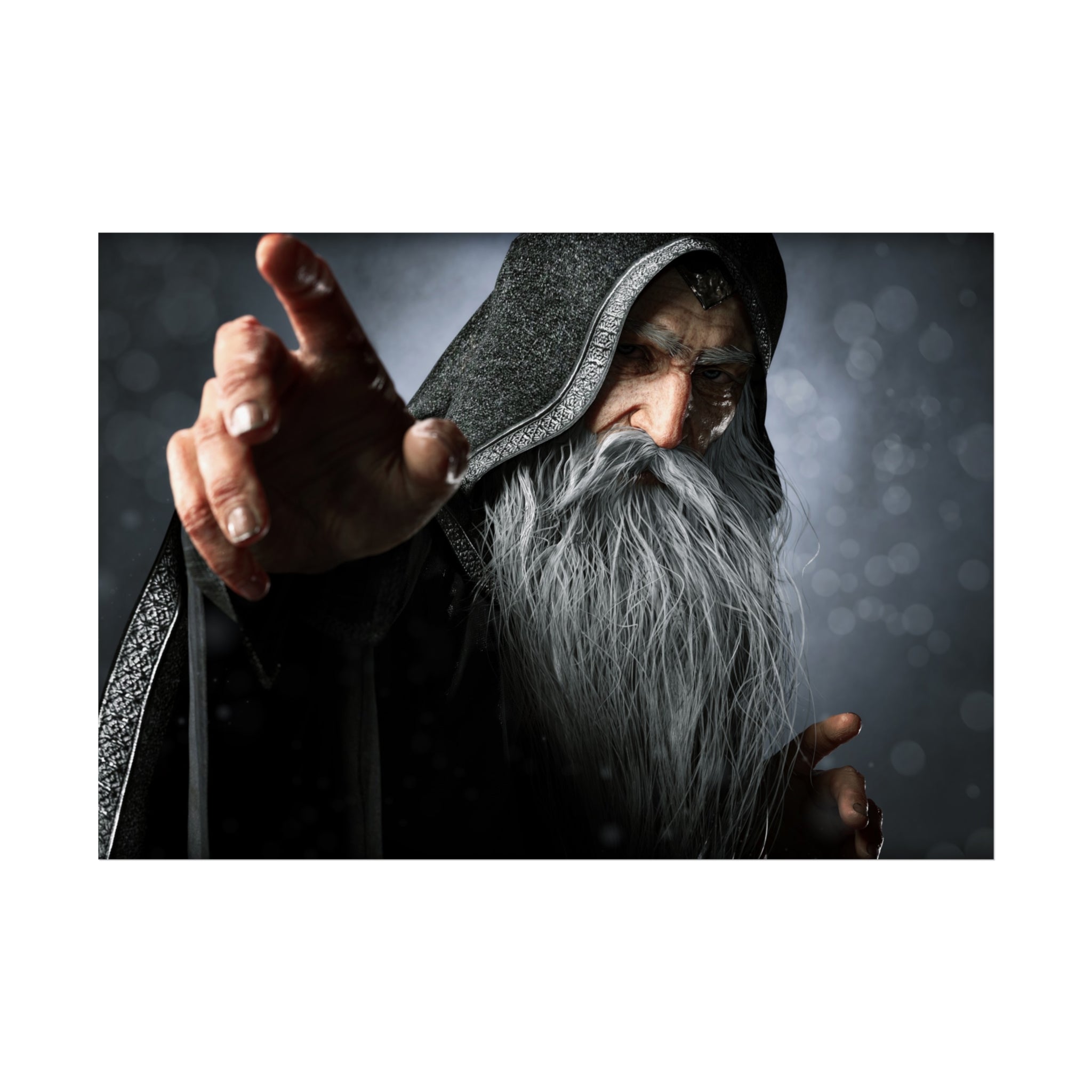 Fantasy wizard wall art featuring an ancient hooded sorcerer with a flowing silver beard, reaching forward as if casting a powerful spell from the shadows.