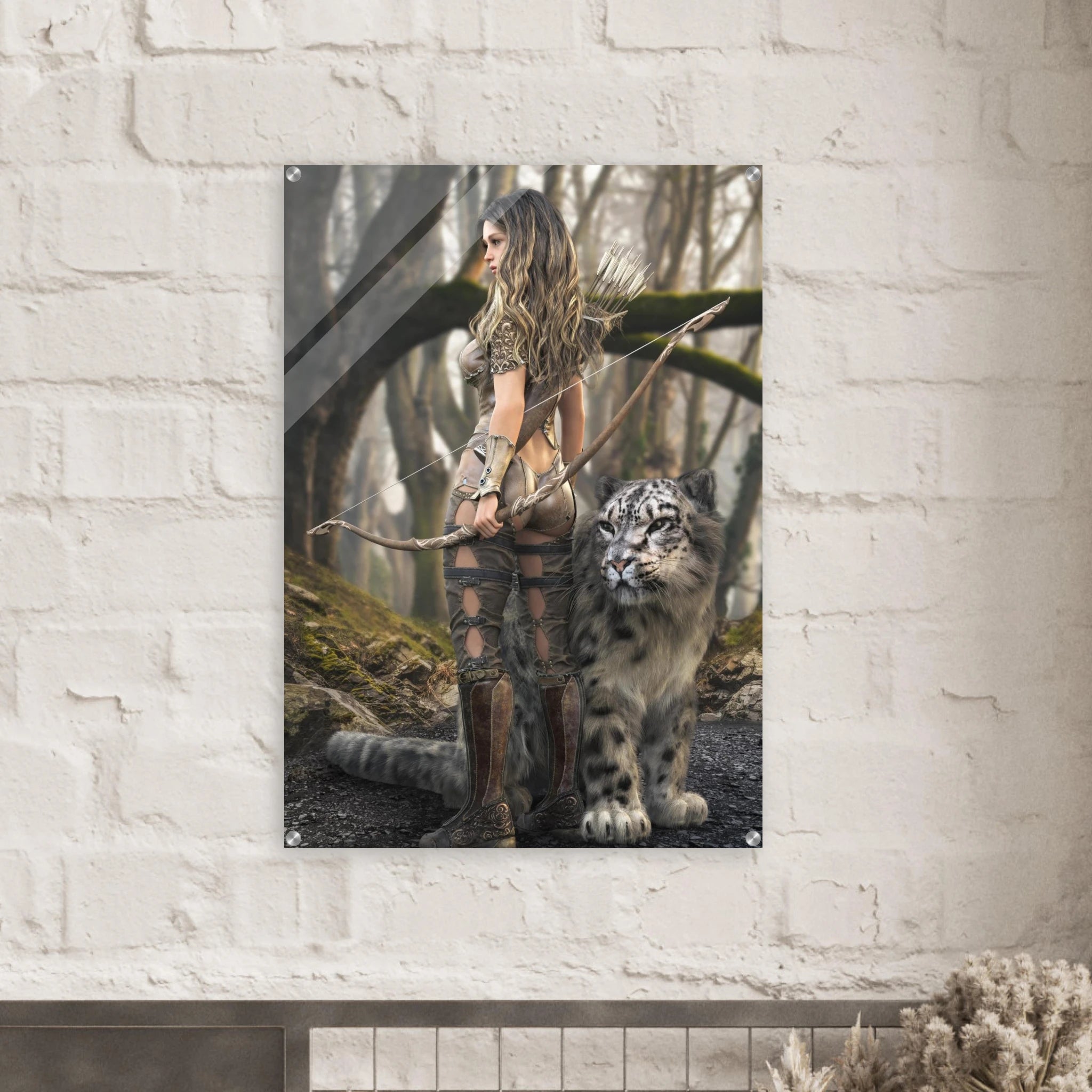 Handcrafted fantasy artwork of a woodland elven ranger holding an ornate longbow beside a majestic snow leopard in an enchanted forest.