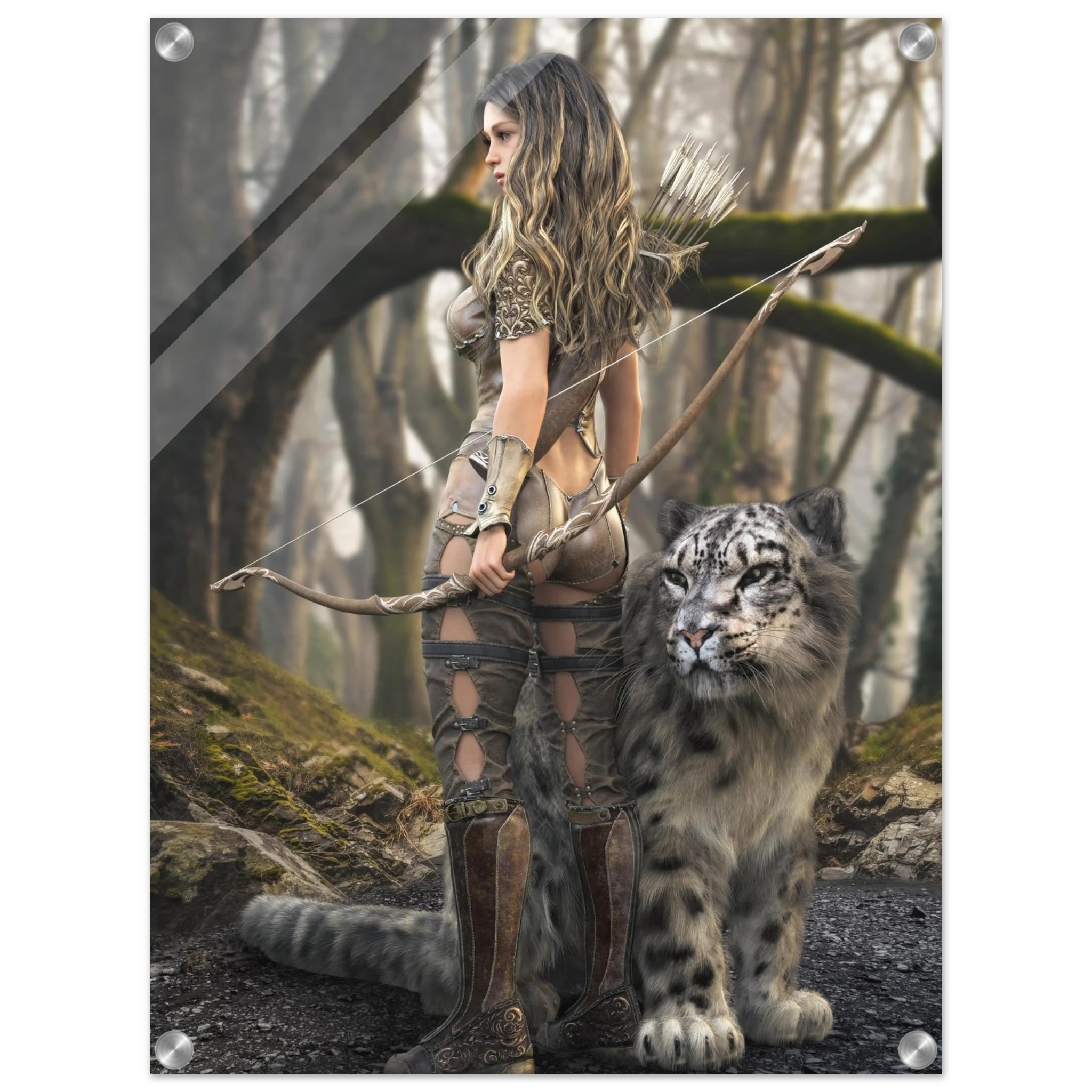 Handcrafted fantasy artwork of a woodland elven ranger holding an ornate longbow beside a majestic snow leopard in an enchanted forest.