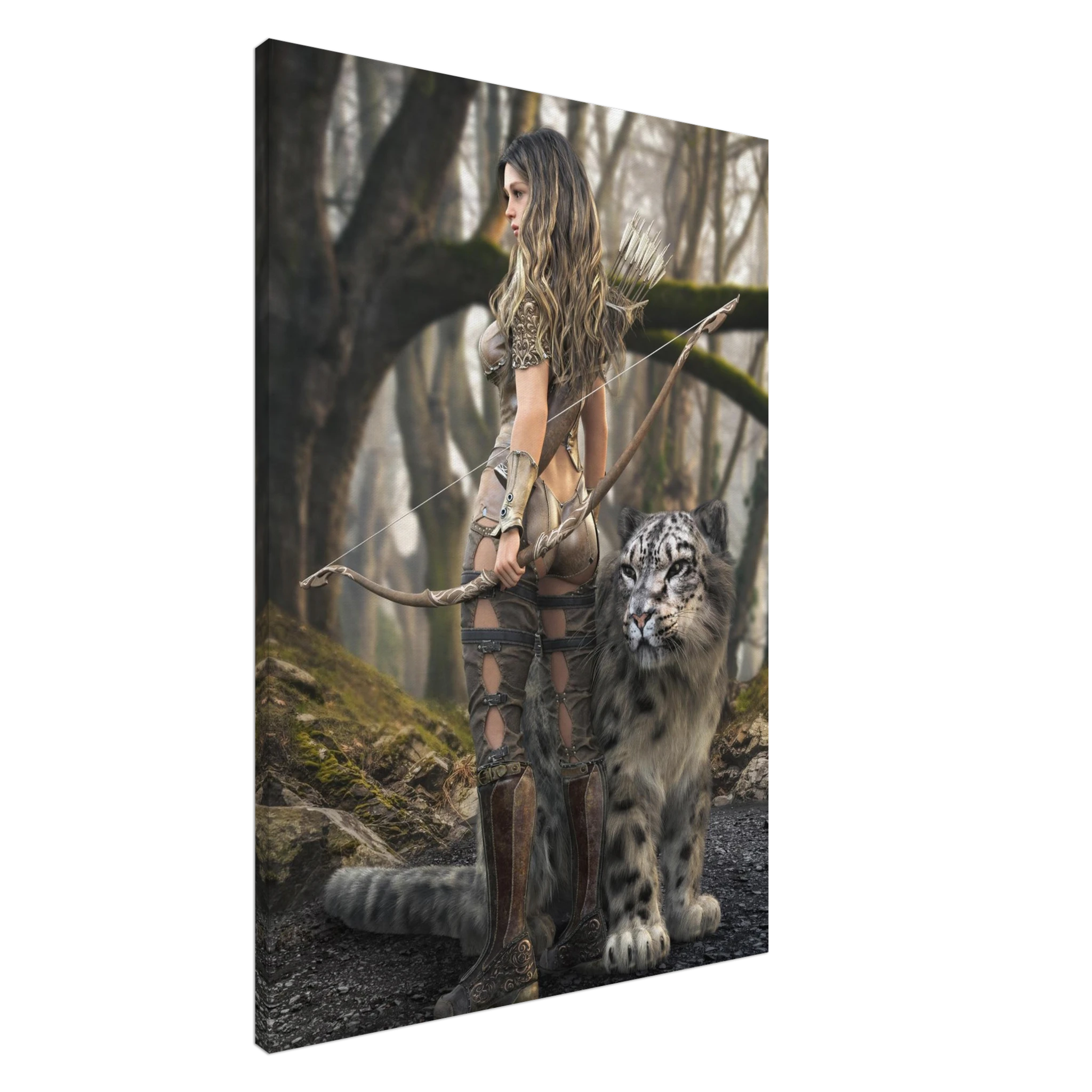 Handcrafted fantasy artwork of a woodland elven ranger holding an ornate longbow beside a majestic snow leopard in an enchanted forest.