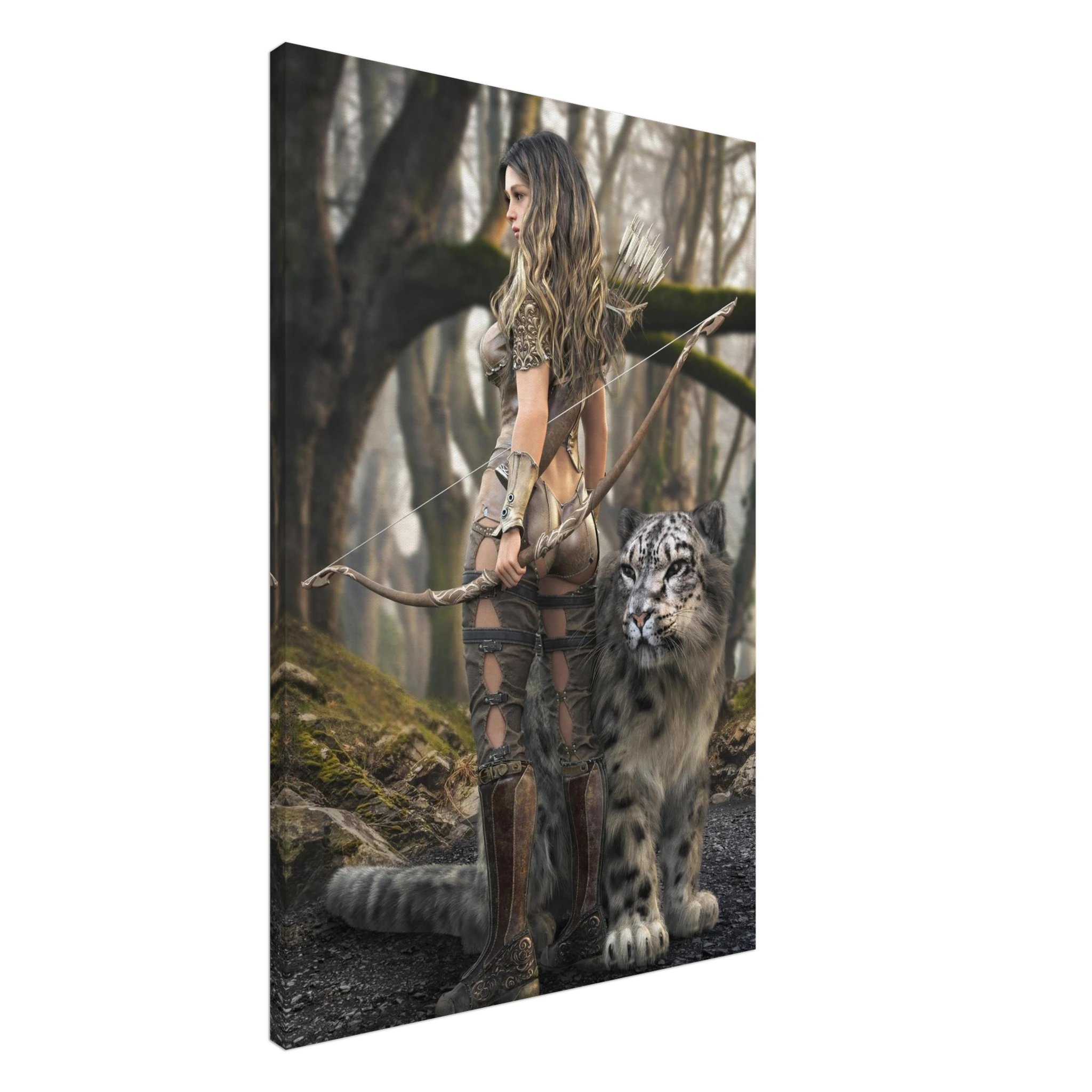 Handcrafted fantasy artwork of a woodland elven ranger holding an ornate longbow beside a majestic snow leopard in an enchanted forest.