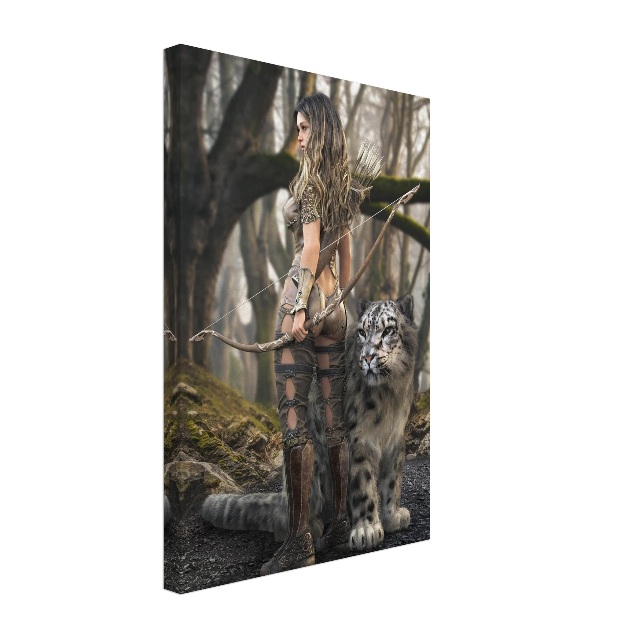 Handcrafted fantasy artwork of a woodland elven ranger holding an ornate longbow beside a majestic snow leopard in an enchanted forest.