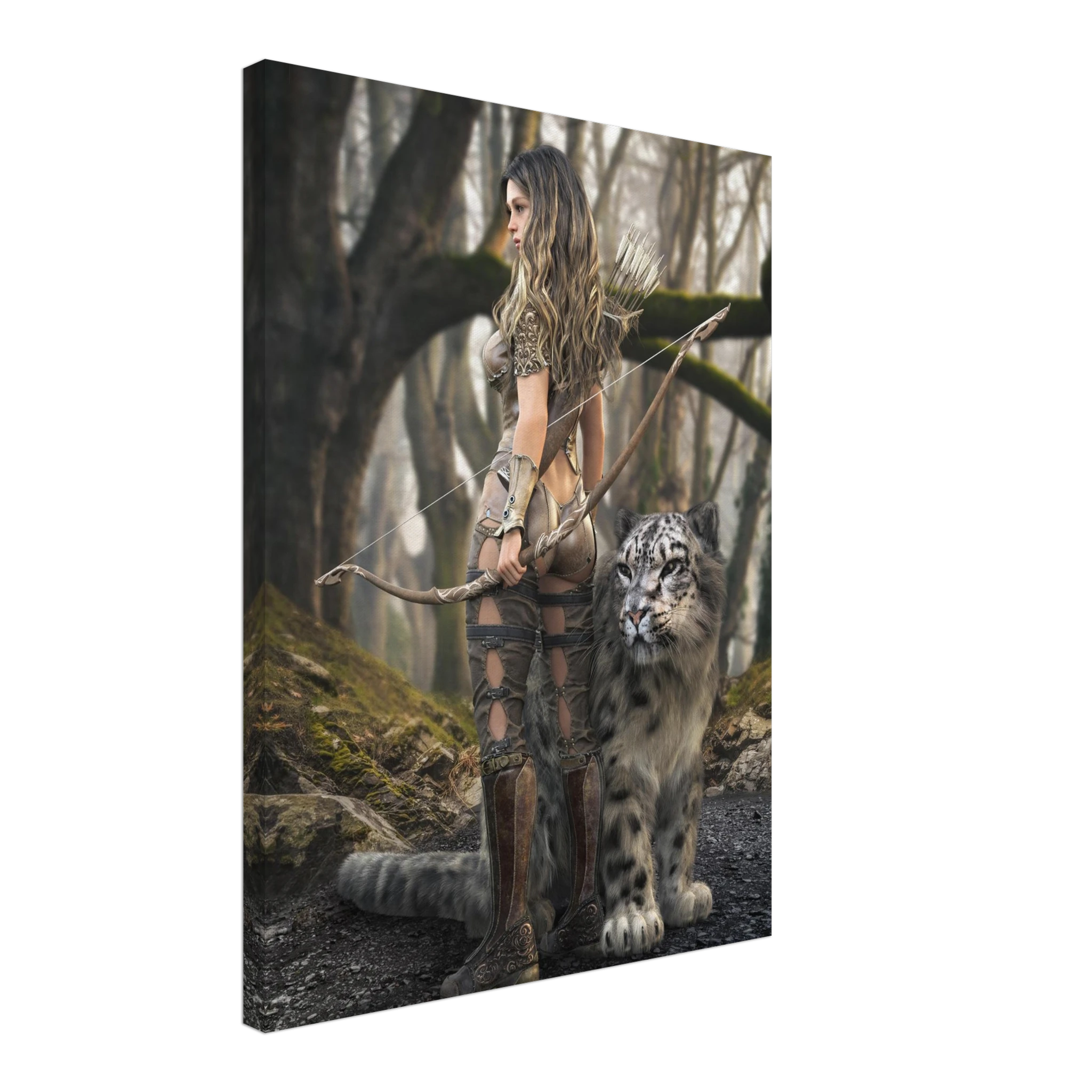 Handcrafted fantasy artwork of a woodland elven ranger holding an ornate longbow beside a majestic snow leopard in an enchanted forest.