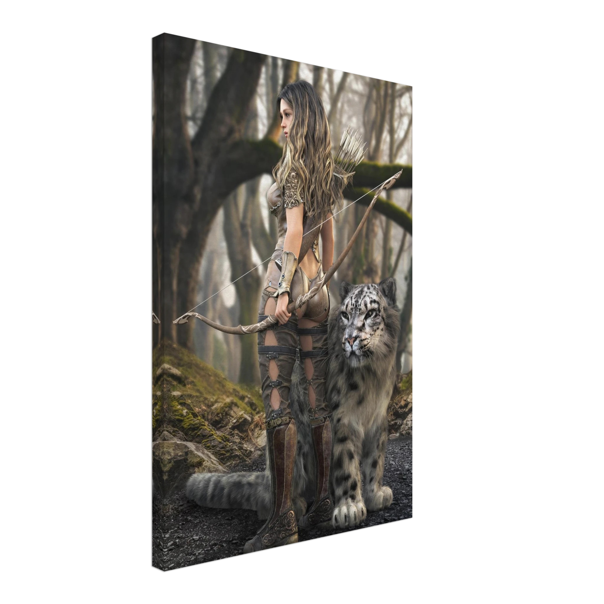 Handcrafted fantasy artwork of a woodland elven ranger holding an ornate longbow beside a majestic snow leopard in an enchanted forest.