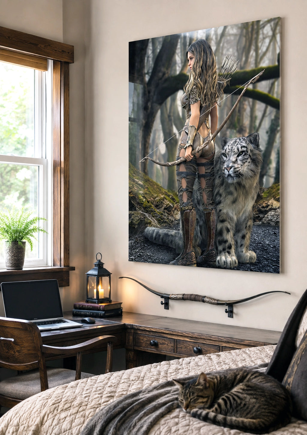 Handcrafted fantasy artwork of a woodland elven ranger holding an ornate longbow beside a majestic snow leopard in an enchanted forest.