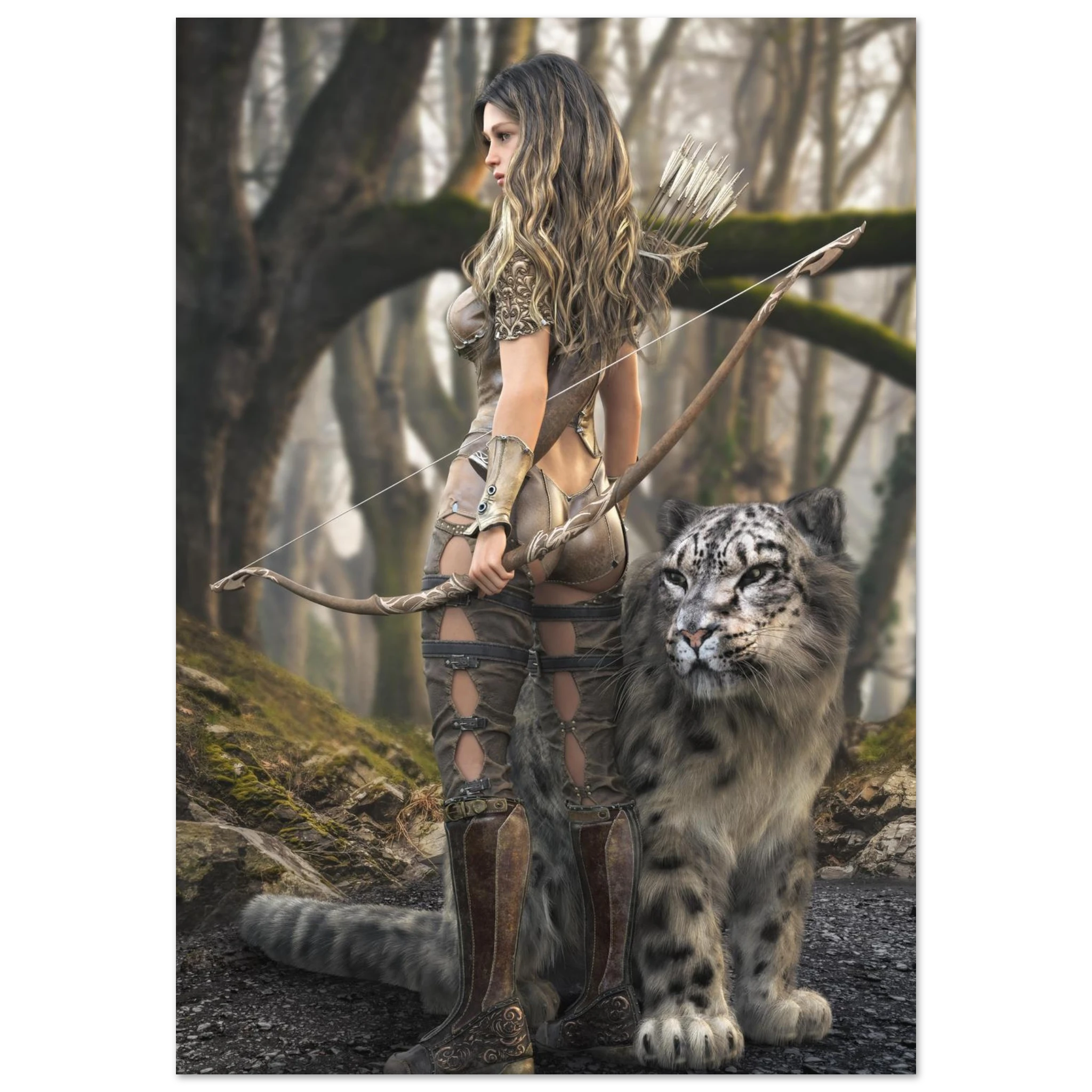 A fantasy-style print or poster showing a woman in a forest with a bow and arrow, standing beside a large snow leopard. The scene is set in a misty woodland with trees and rocks in the background.