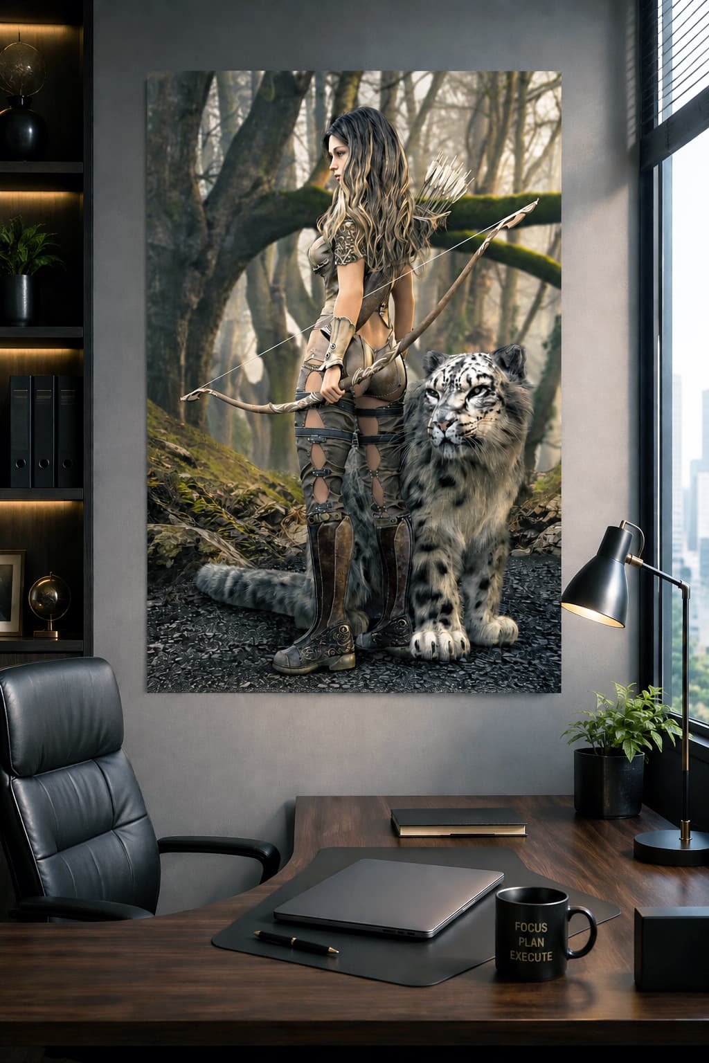 A large vertical wall poster depicting a woman with a bow and arrow standing beside a spotted big cat in a forest, displayed on a gray wall above a wooden desk in a modern office setting.