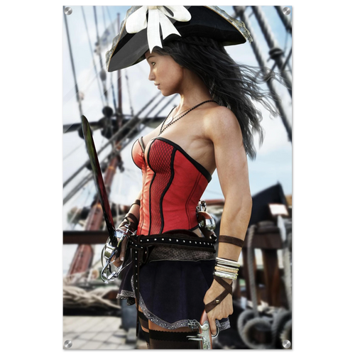 A woman in pirate attire stands on a ship deck, wearing a black hat with a white flower, a red and black corset-style top, a dark skirt, and holding a sword. The background shows ship rigging and sails.