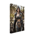 A handcrafted fantasy illustration featuring a determined female ranger walking through a rocky forest stream beneath a weathered stone bridge. She wears a hooded black cloak over intricately engraved silver armor with medieval-inspired detailing and carries an elegant sword at her side. Soft natural light illuminates her realistic facial features while the woodland landscape and flowing stream create an immersive atmosphere of exploration and adventure. Inspired by classic fantasy novels, tabletop role-pla