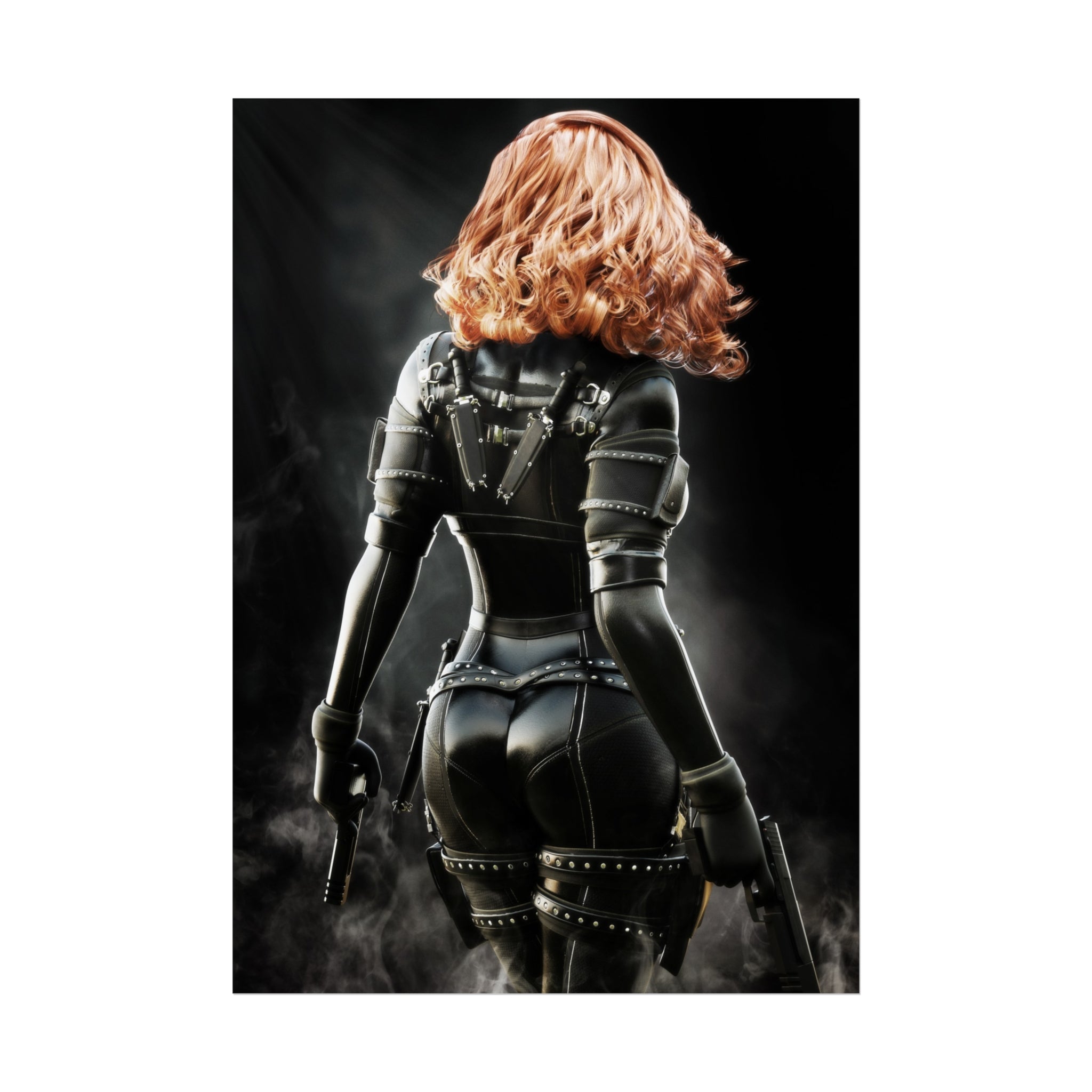 Fantasy wall art featuring a red-haired female assassin in a black tactical suit, holding dual pistols amid swirling smoke and dramatic light.