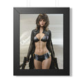 Sci-fi wall art featuring a futuristic female shock trooper with dual pistols, advanced armor, and cyberpunk styling in a sleek high-tech setting.