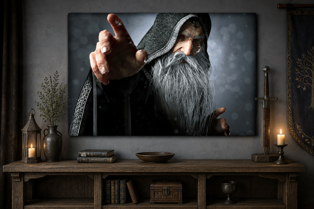 Fantasy wizard wall art featuring an ancient hooded sorcerer with a flowing silver beard, reaching forward as if casting a powerful spell from the shadows.