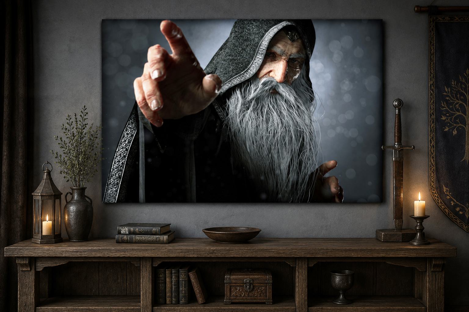 Fantasy wizard wall art featuring an ancient hooded sorcerer with a flowing silver beard, reaching forward as if casting a powerful spell from the shadows.